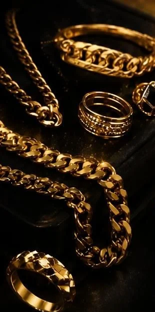 Złote bransoletki, pierścionki i łańcuszki z materiałów KARAT